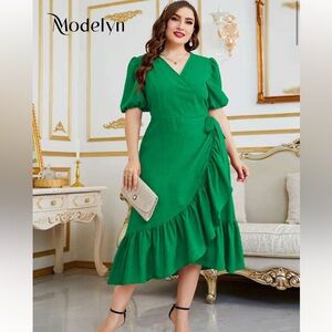 Plus Puff Sleeve Ruffle
Trim Tie Side Wrap Dress